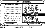 Graphing calculator screen showing a menu titled 'Calculate' with various regression options; '5: LinReg' (Linear Regression) is highlighted.